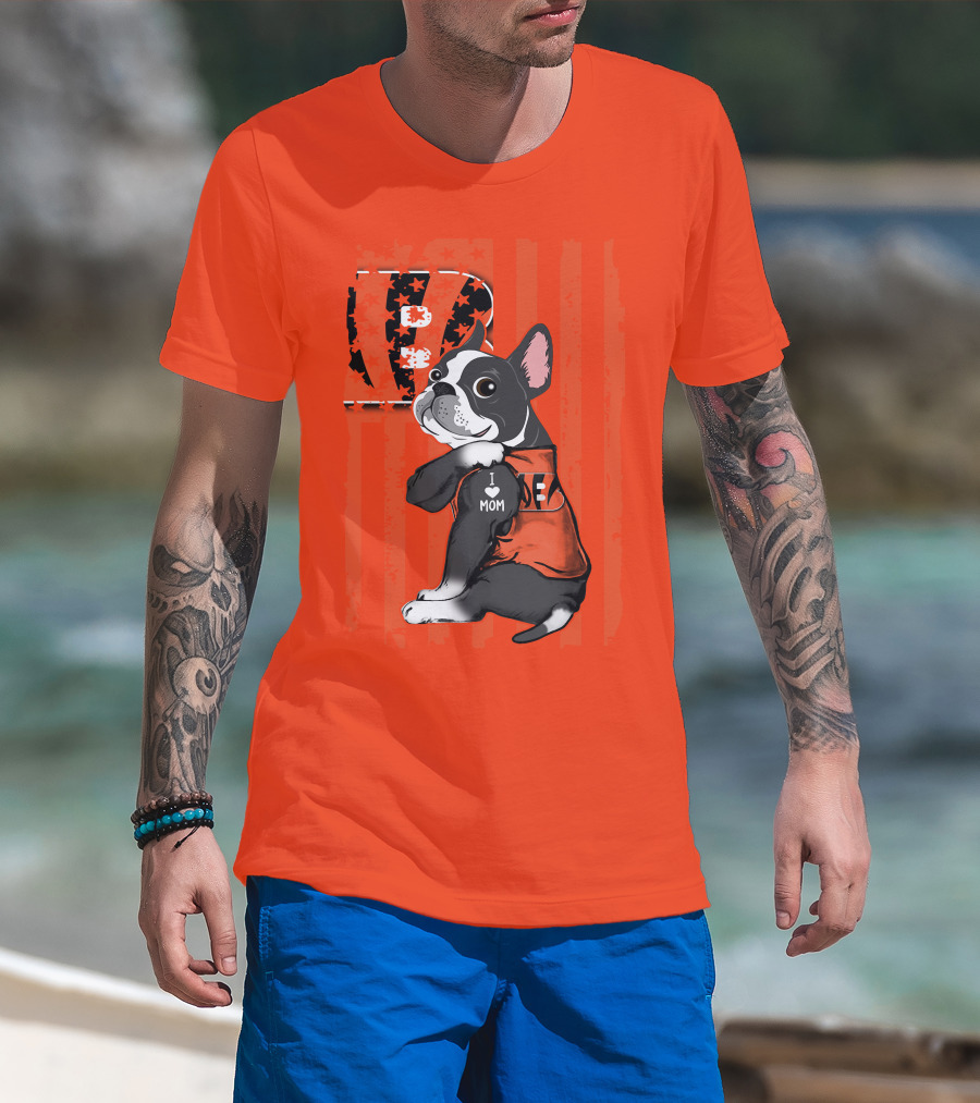 Boston Terrier Cincinnati Bengals B Stripes I Love Mom Football Fan Dog T-Shirt