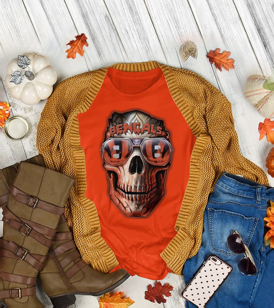 Bengals Skull Sunglasses 38 Orange T-Shirt