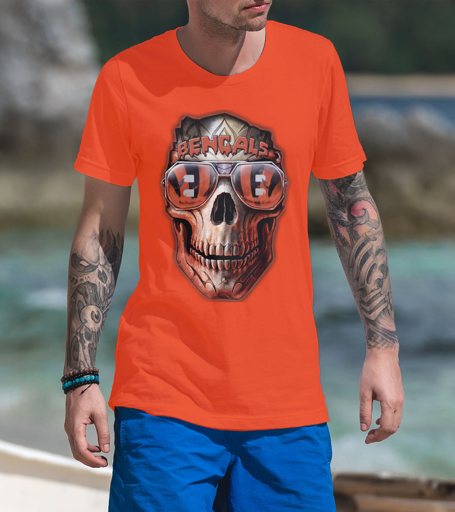Bengals Skull Sunglasses 38 Orange T-Shirt