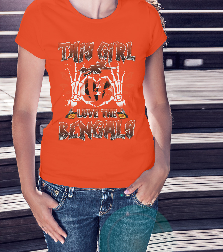This Girl Love The Bengals Halloween Skeleton Hands And Pumpkins T-Shirt