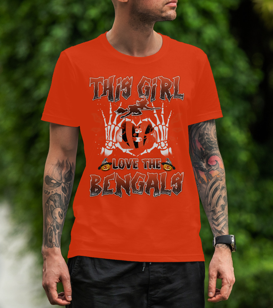 This Girl Love The Bengals Halloween Skeleton Hands And Pumpkins T-Shirt