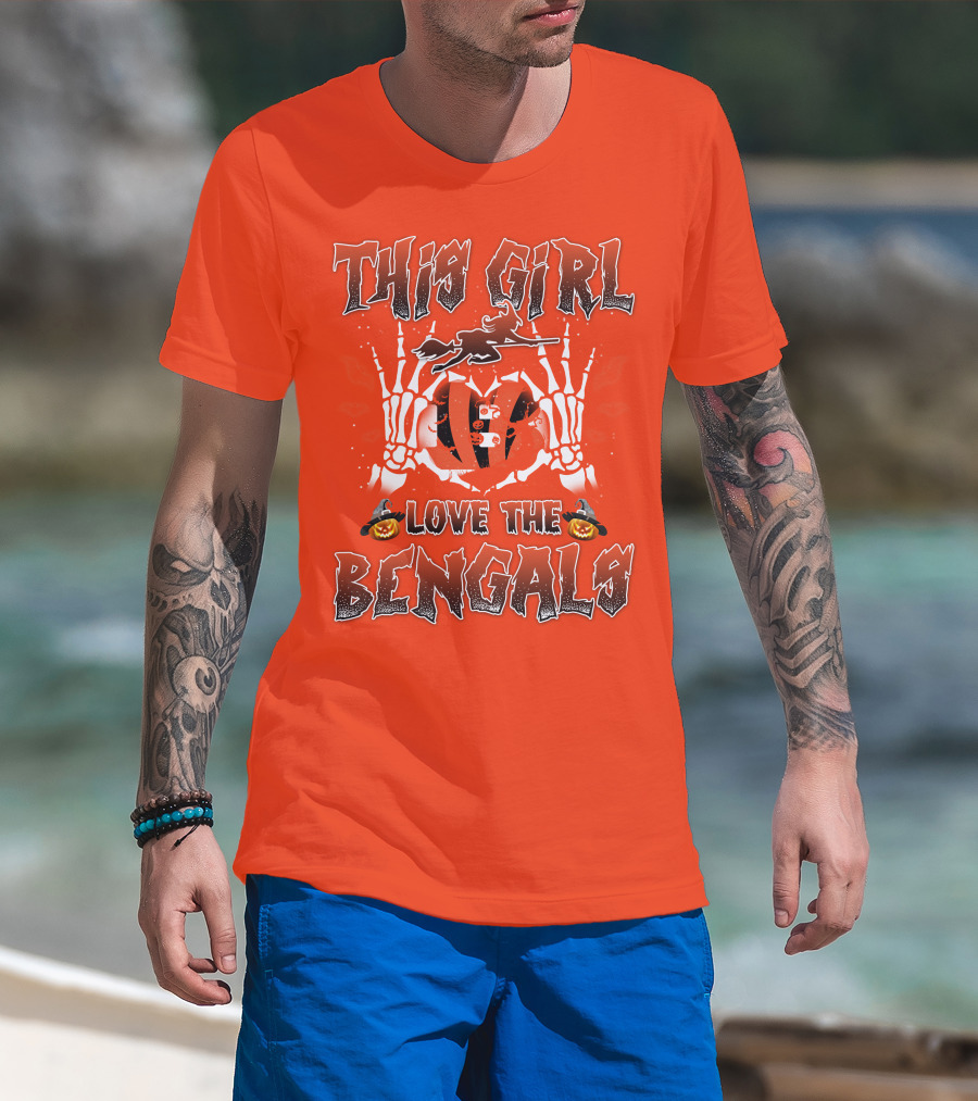 This Girl Love The Bengals Halloween Skeleton Hands And Pumpkins T-Shirt