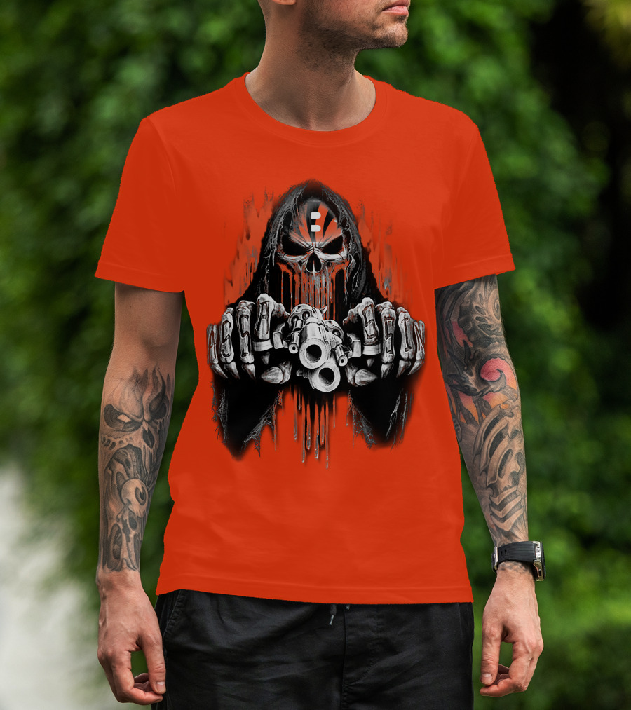 Cincinnati Bengals 41 Skeleton Skull With Guns T-Shirt