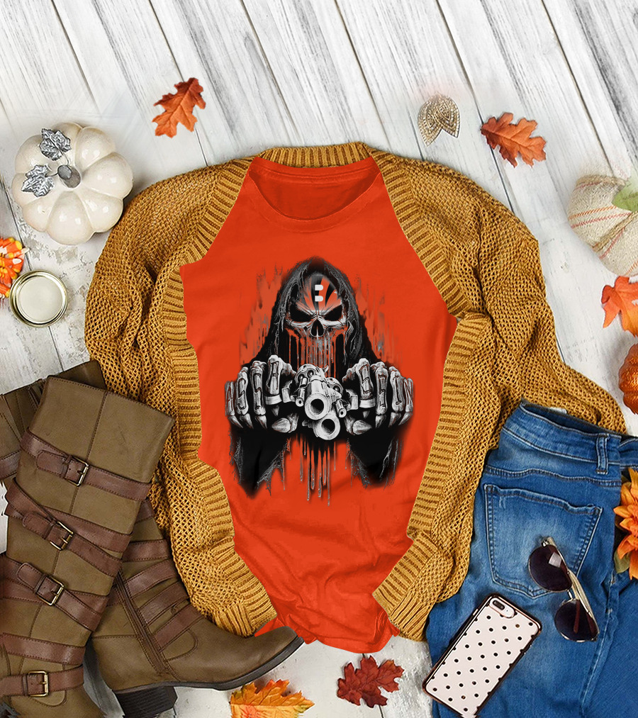Cincinnati Bengals 41 Skeleton Skull With Guns T-Shirt