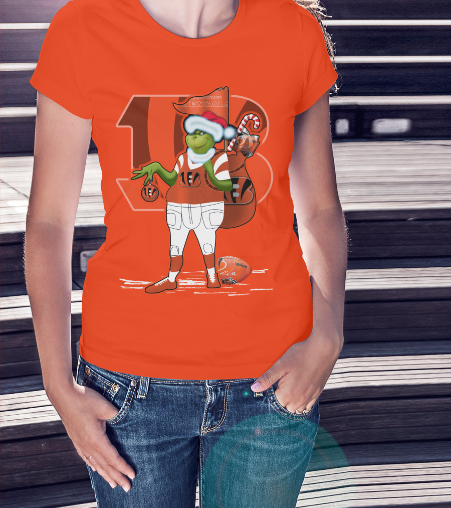 Cincinnati Bengals Grinch Christmas Football Santa Hat Orange T-Shirt