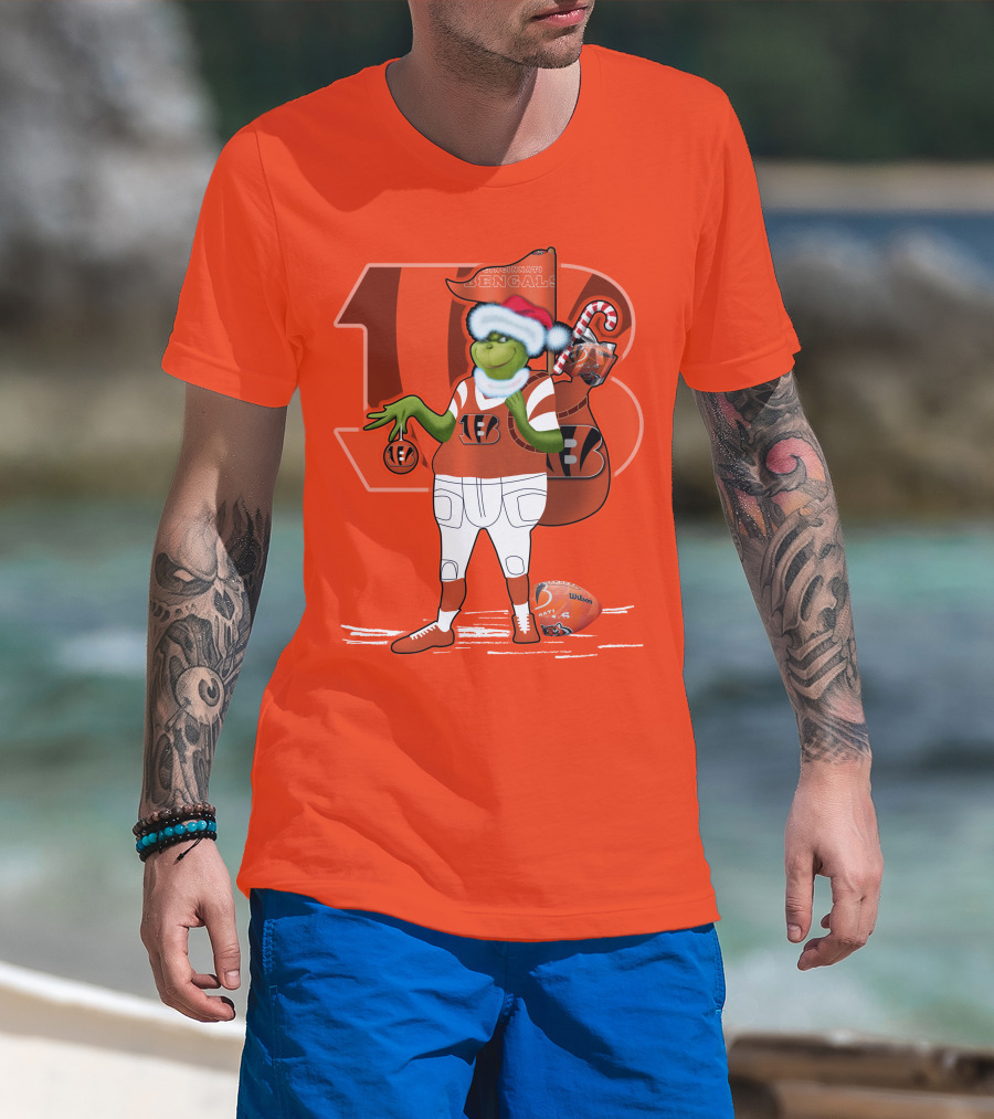 Cincinnati Bengals Grinch Christmas Football Santa Hat Orange T-Shirt