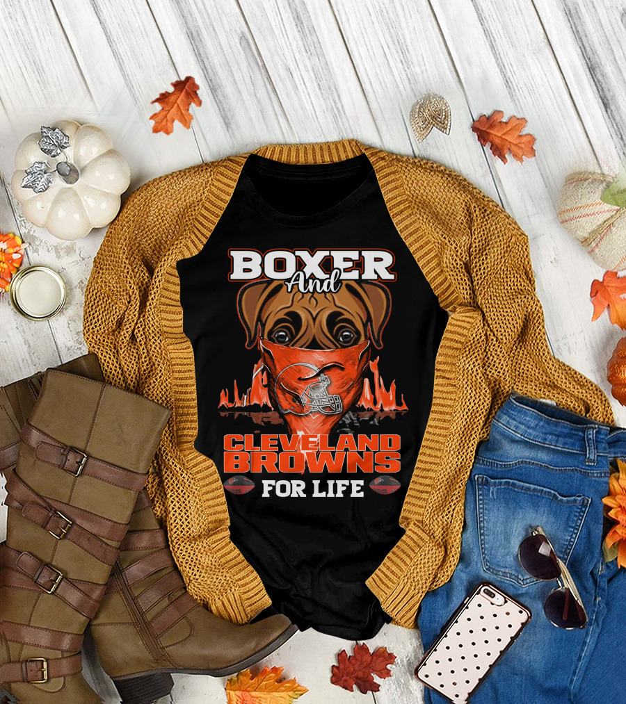 Boxer And Cleveland Browns For Life Dog Helmet Fan Flame T-Shirt