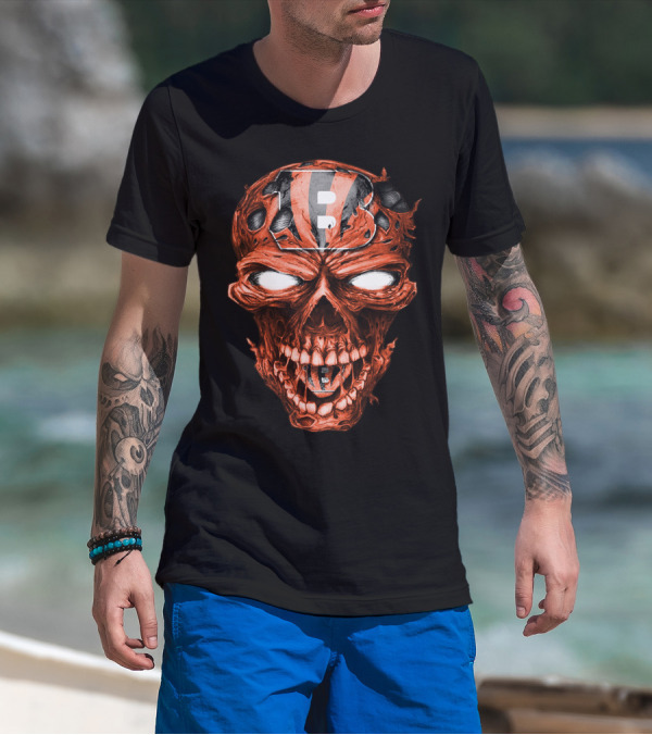 Cincinnati Bengals Skull Emblem With Team Helmet T-Shirt