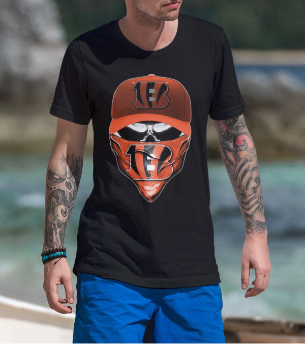 Skull Cincinnati Bengals Logo Hat And Bandana T-Shirt