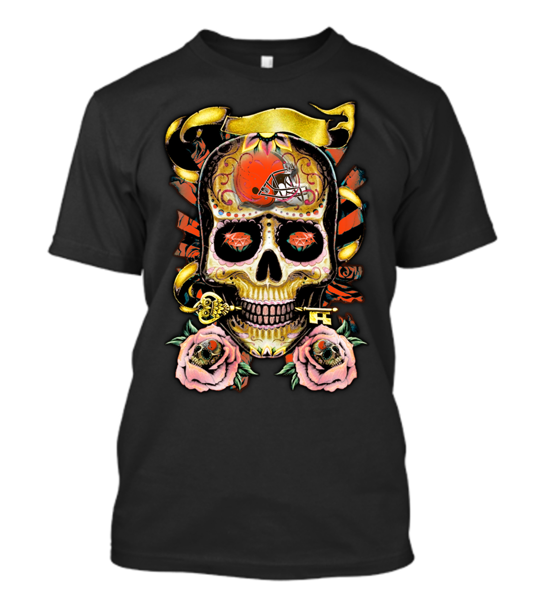 Cleveland Browns Sugar Skull Helmet Roses T-Shirt