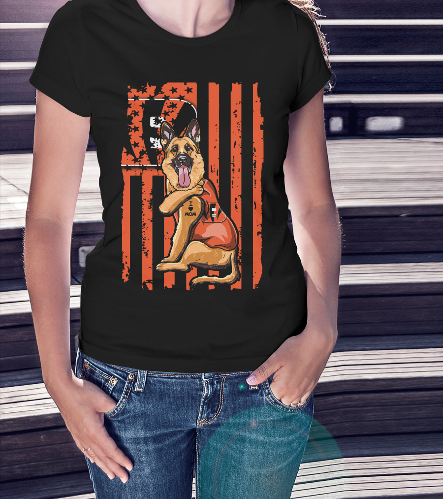 German Shepherd I Heart Mom Cincinnati Bengals Stripes And Stars T-Shirt