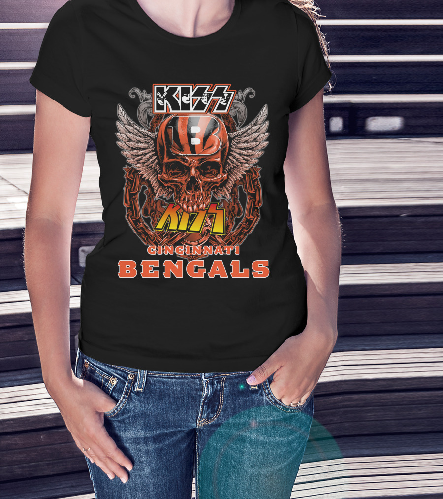 Kiss Cincinnati Bengals Skull Wings And Chains T-Shirt