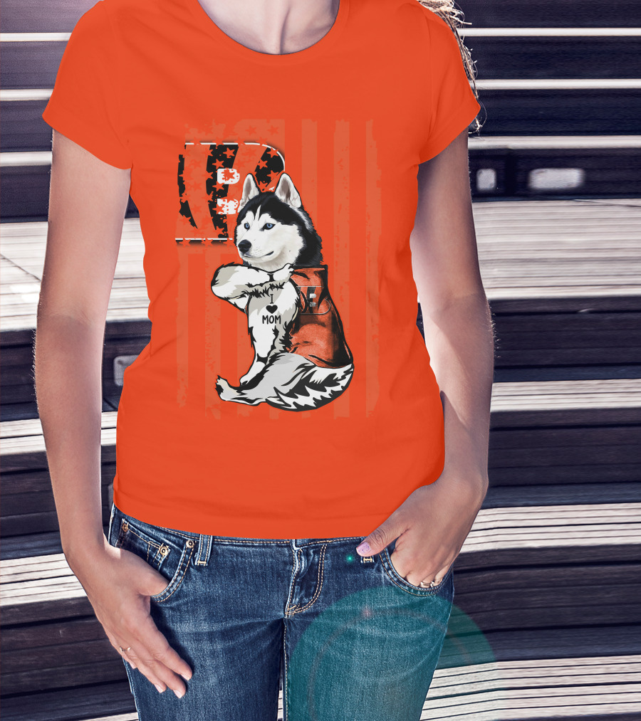 Cincinnati Bengals Siberian Husky I Love Mom Fan T-Shirt