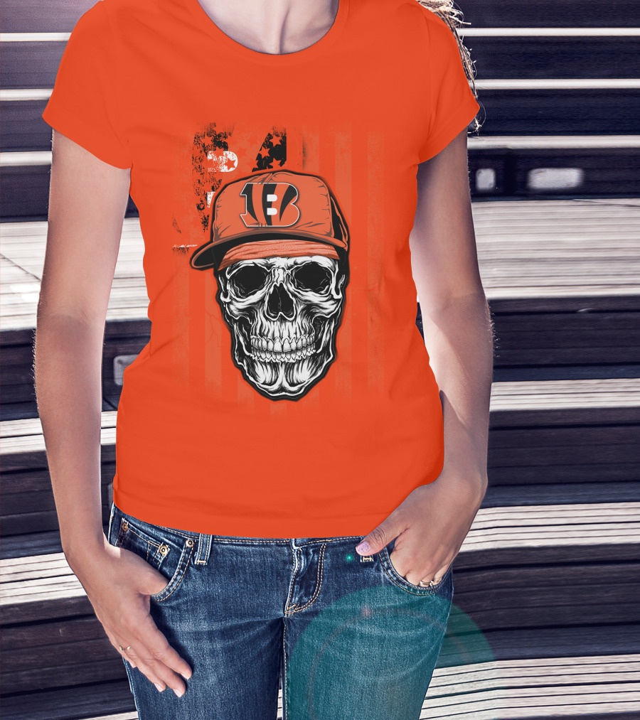 Skull V1 Cincinnati Bengals Hat American Flag Stripes T-Shirt