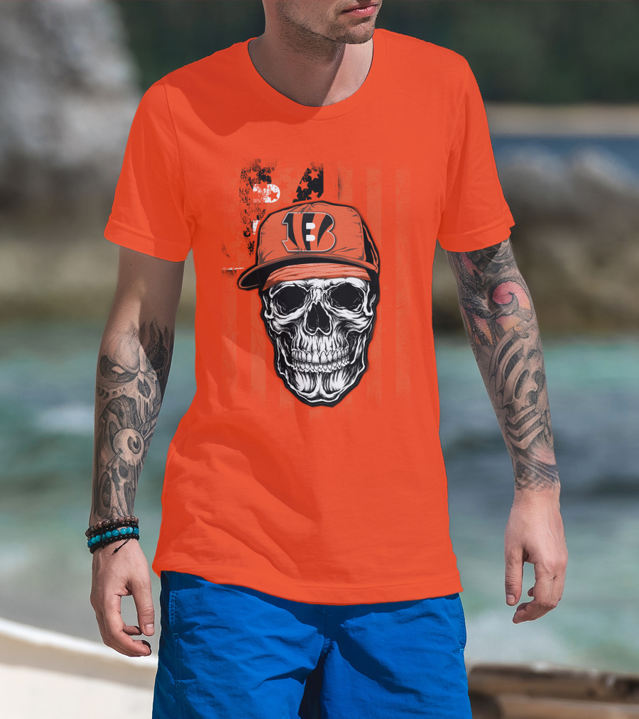 Skull V1 Cincinnati Bengals Hat American Flag Stripes T-Shirt