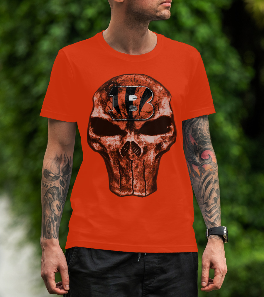 Skull Cincinnati Bengals Logo On Bold Orange T-Shirt