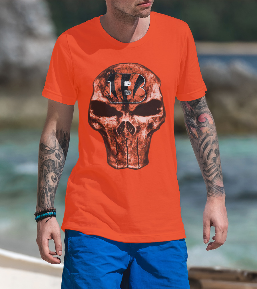 Skull Cincinnati Bengals Logo On Bold Orange T-Shirt