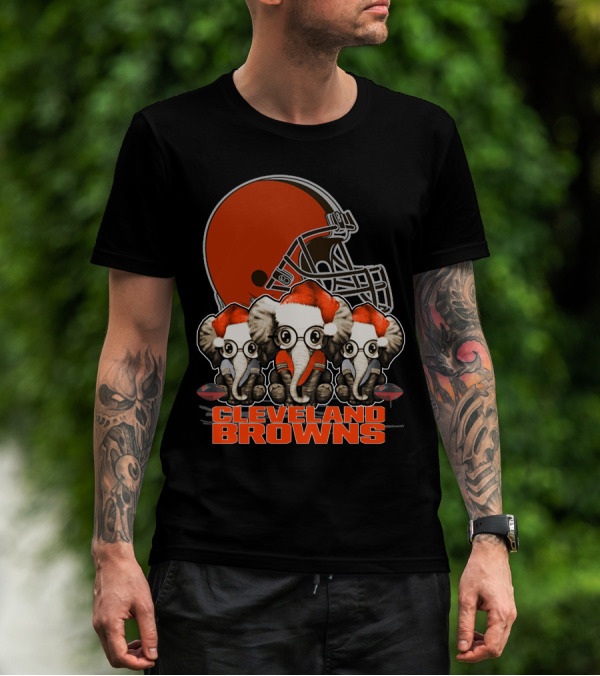 Cleveland Browns Christmas Elephants With Santa Hats T-Shirt