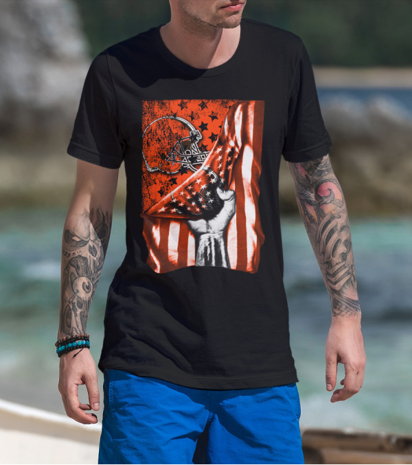 Cleveland Browns Football Helmet American Flag Fist T-Shirt