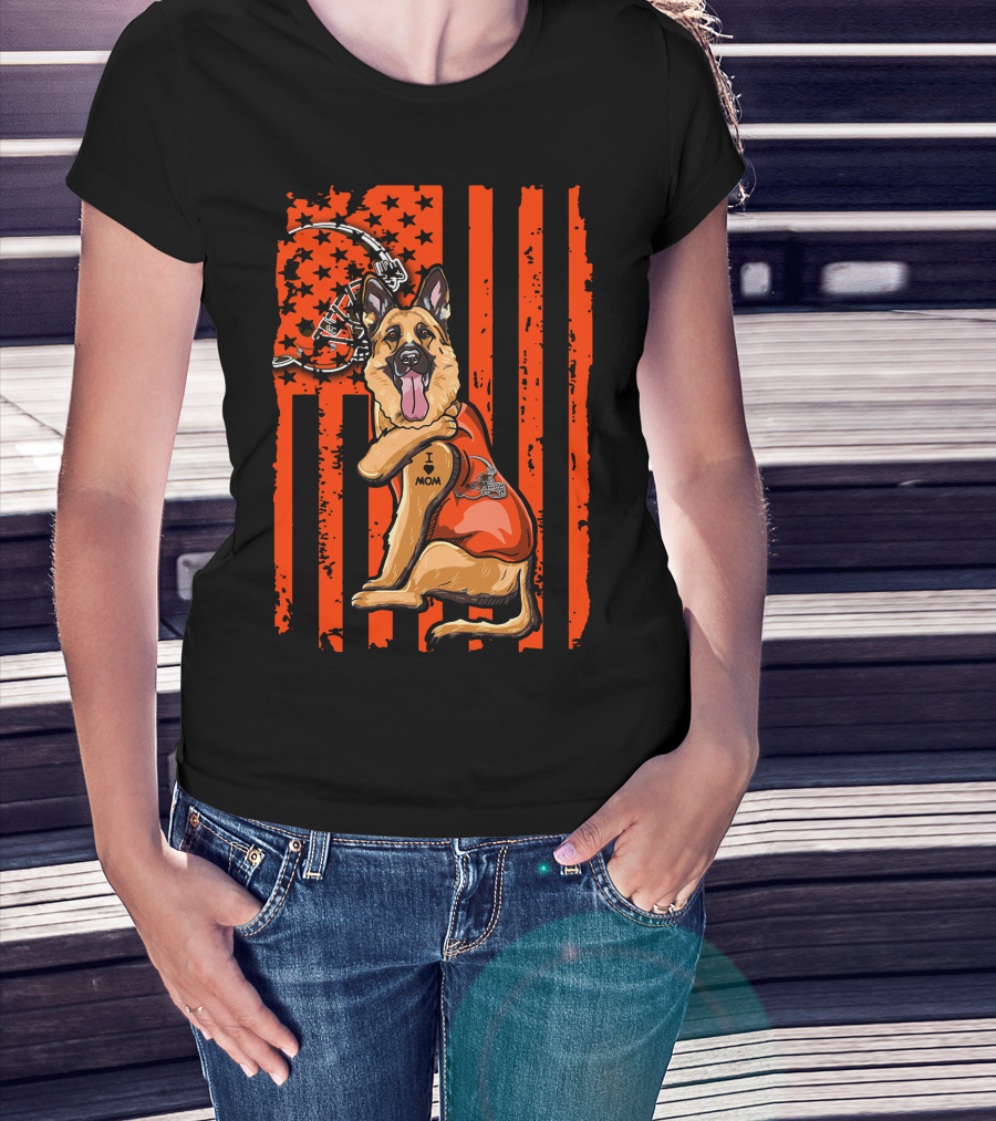 Cleveland Browns German Shepherd Dog And Football Helmet With Orange Flag Background T-Shirt