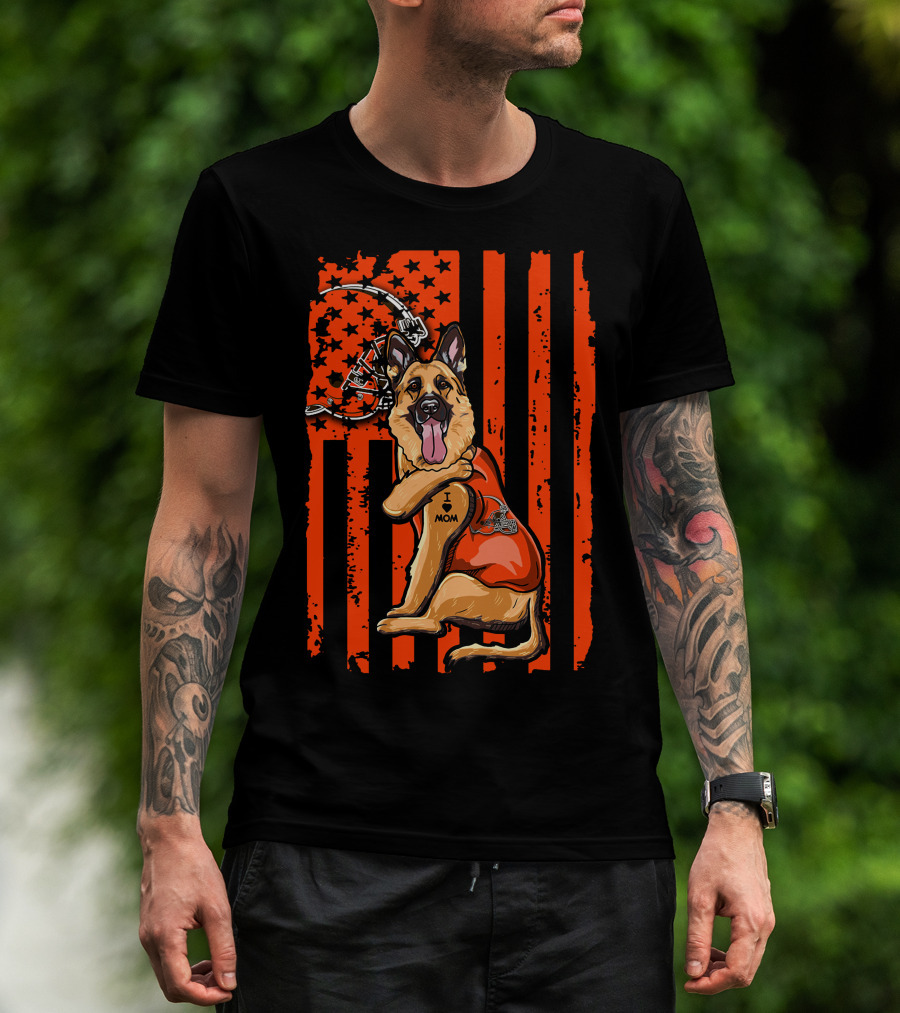 Cleveland Browns German Shepherd Dog And Football Helmet With Orange Flag Background T-Shirt