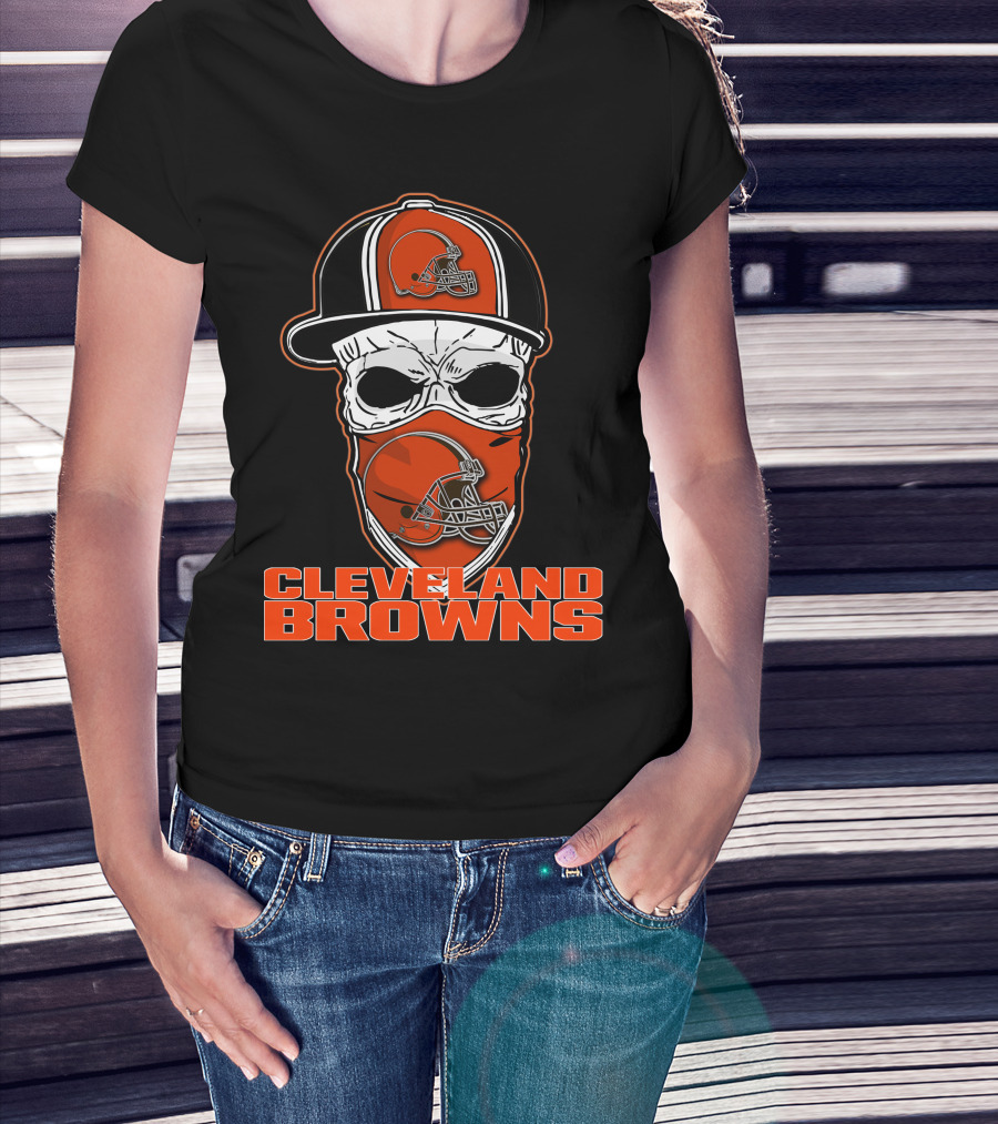 Cleveland Browns Skull With Helmet Hat And Face Mask T-Shirt