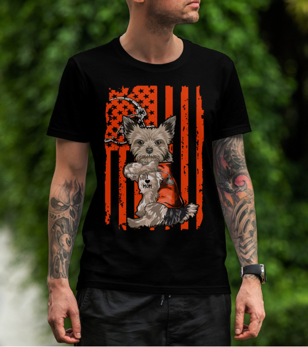 Yorkshire Terrier I Love Mom Cleveland Browns Flag T-Shirt