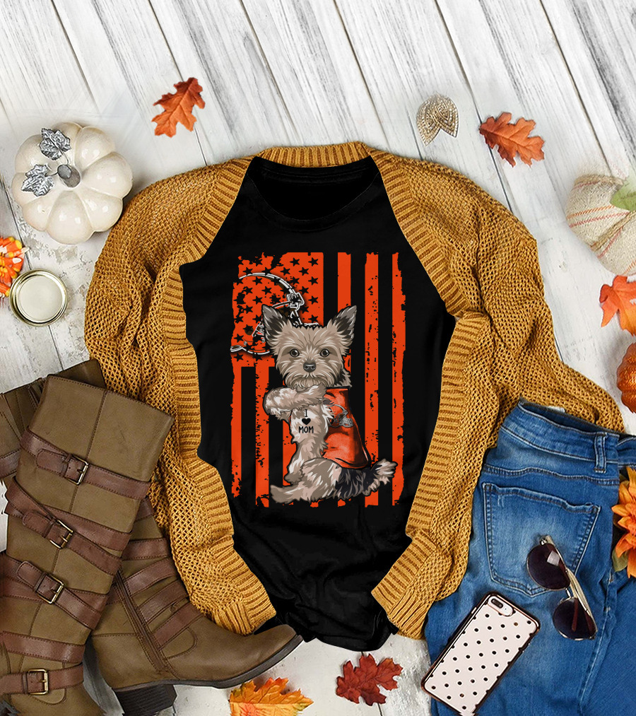 Yorkshire Terrier I Love Mom Cleveland Browns Flag T-Shirt