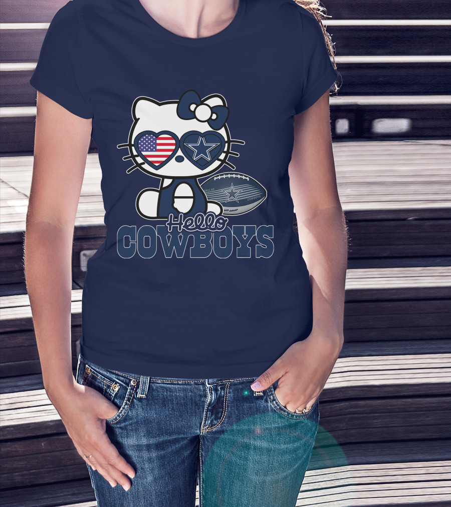 Hellokitty Hello Cowboys Dallas Football Stars USA Flag Glasses Football T-Shirt