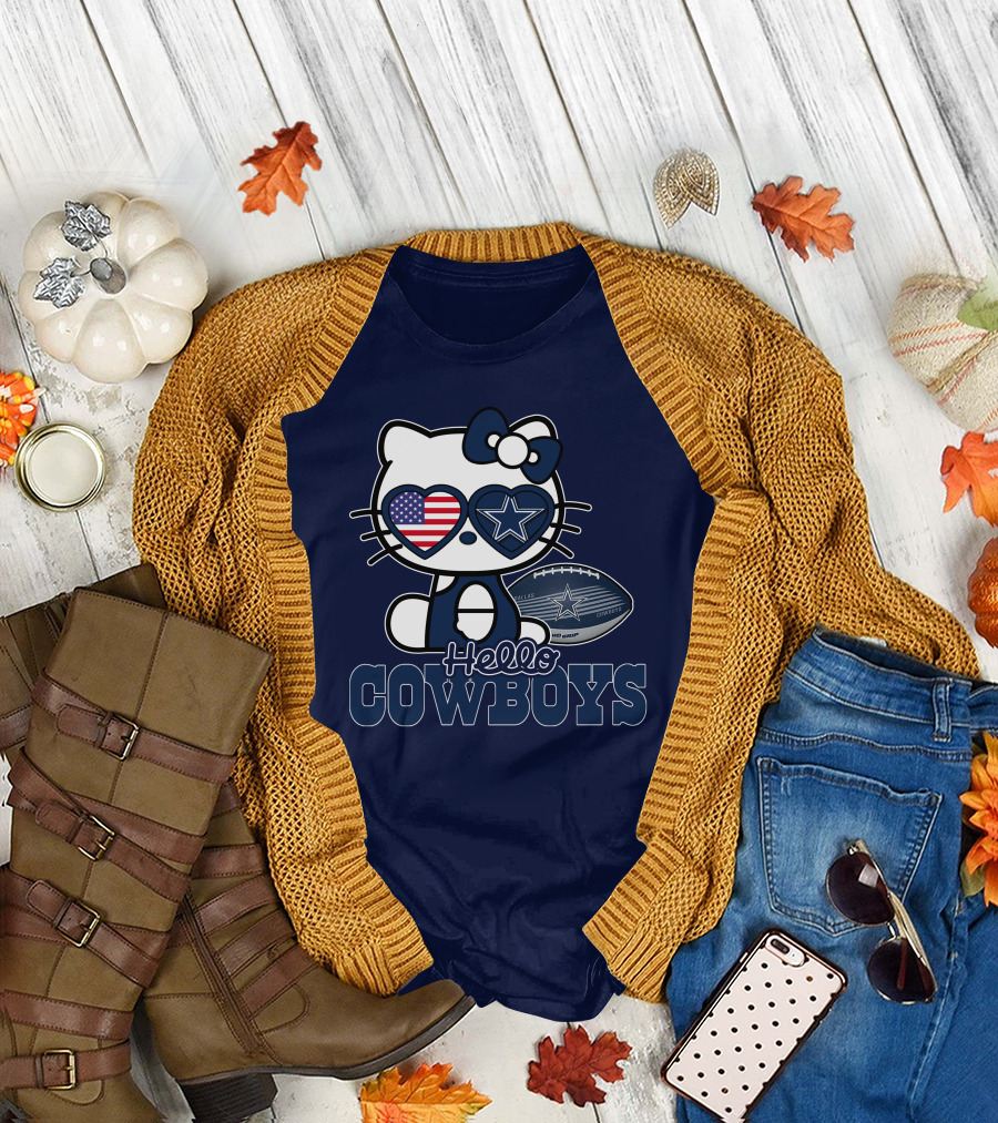 Hellokitty Hello Cowboys Dallas Football Stars USA Flag Glasses Football T-Shirt