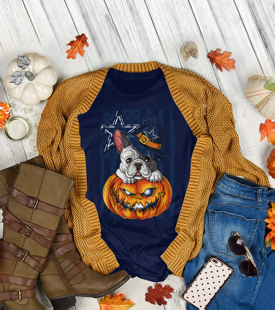 Hlw Bulldog Halloween Dallas Cowboys Pumpkin Wizard Hat T-Shirt