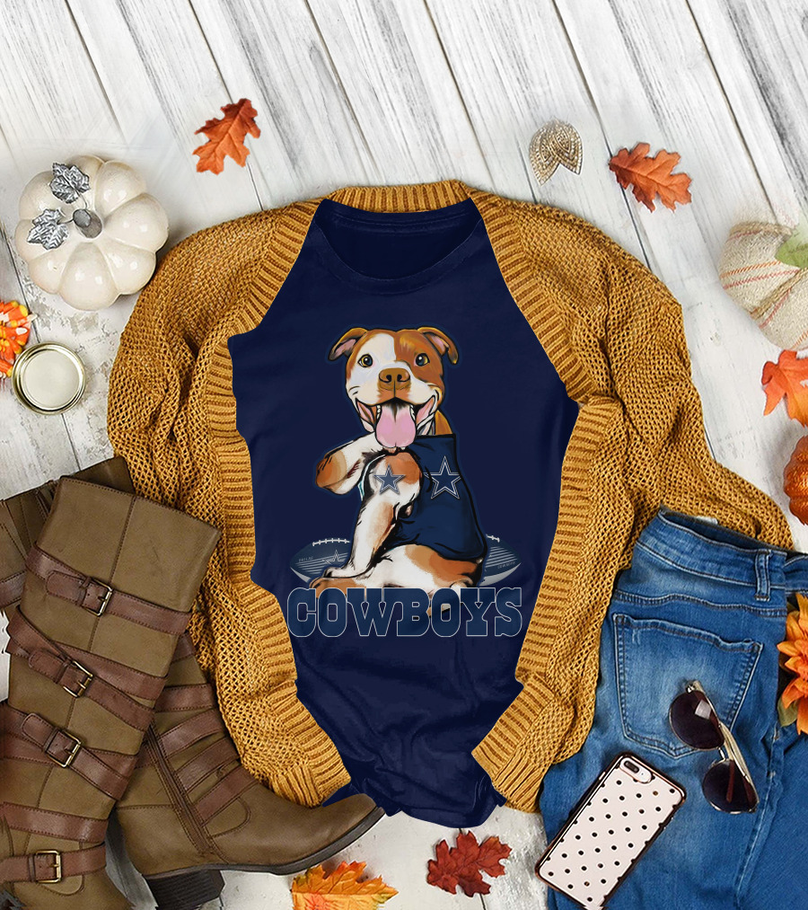 Pittbull Dallas Cowboys Pitbull Wearing Cowboys Jersey with Footballs T-Shirt