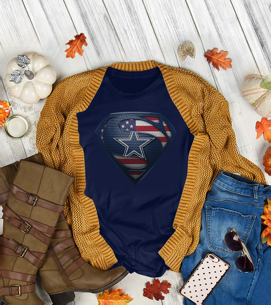 Spm DALLAS COWBOYS Superman Shield American Flag Star T-Shirt