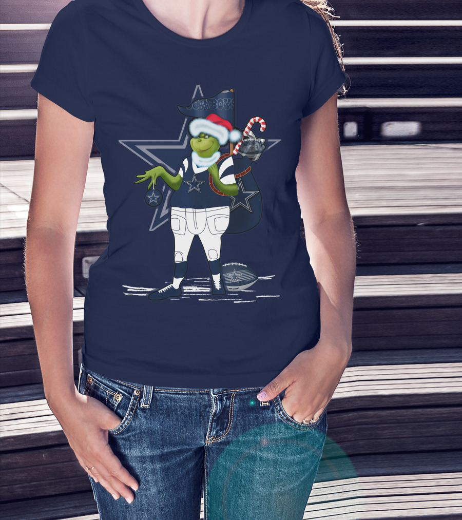 Grinchxmas Dallas Cowboys Holiday Cheer With Starry Football Twist T-Shirt
