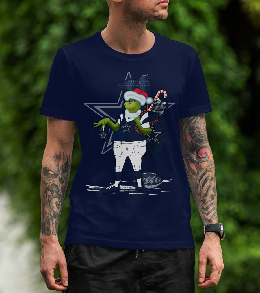 Grinchxmas Dallas Cowboys Holiday Cheer With Starry Football Twist T-Shirt