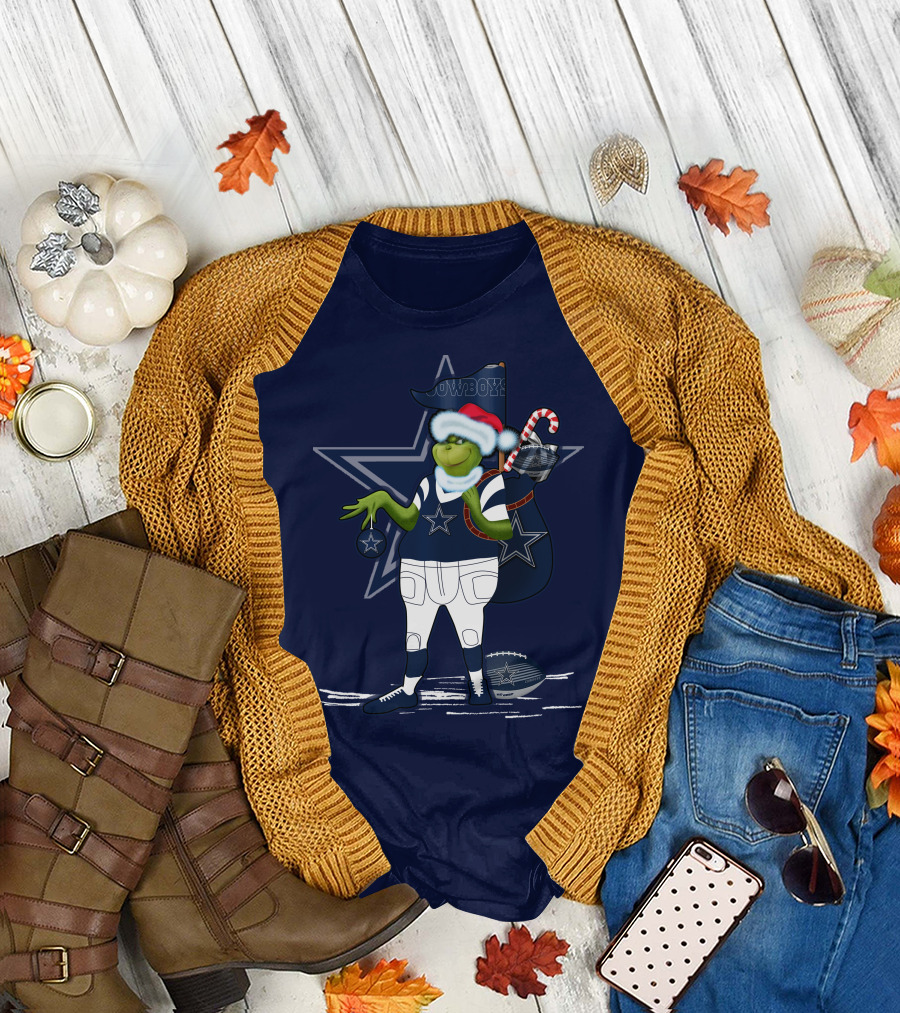 Grinchxmas Dallas Cowboys Holiday Cheer with Starry Football Twist T-Shirt