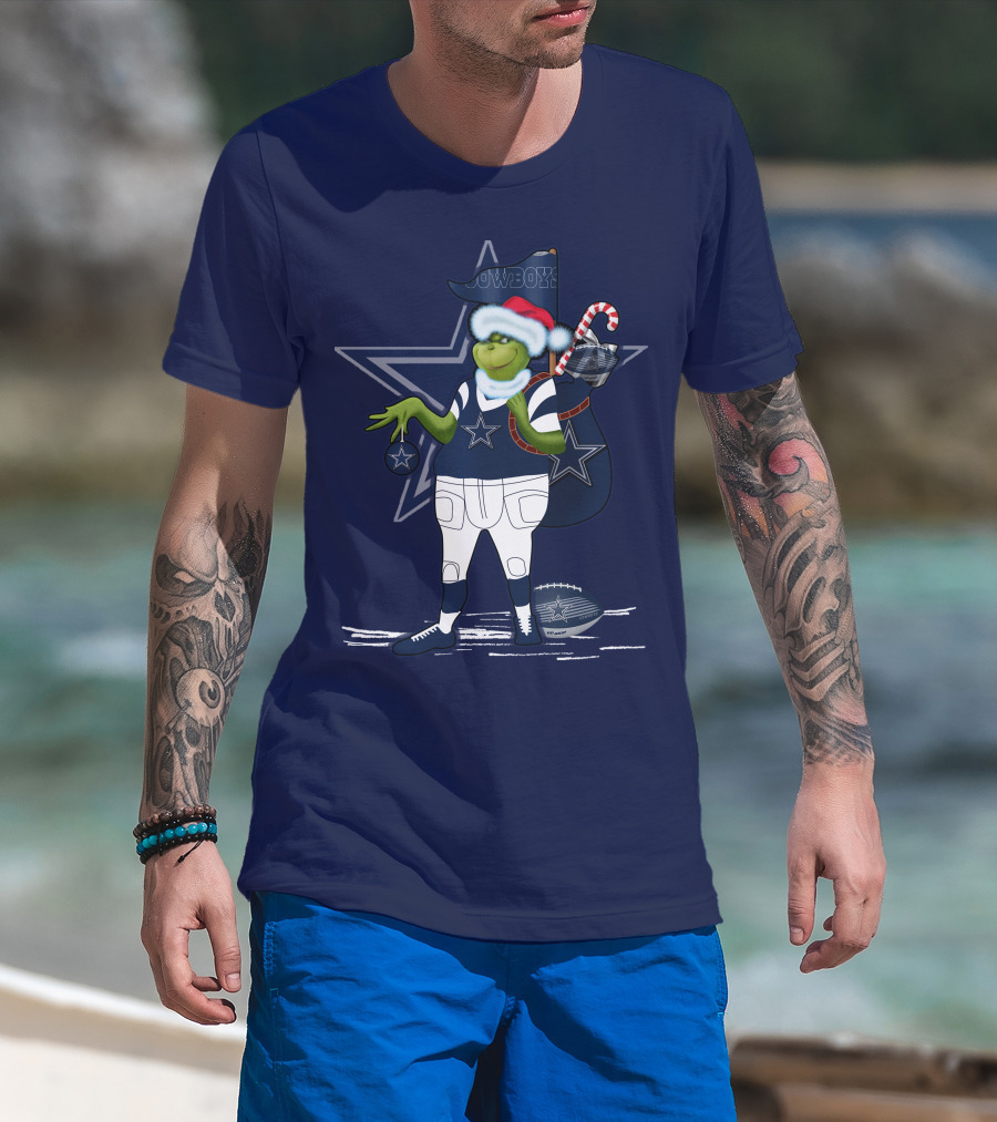 Grinchxmas Dallas Cowboys Holiday Cheer With Starry Football Twist T-Shirt