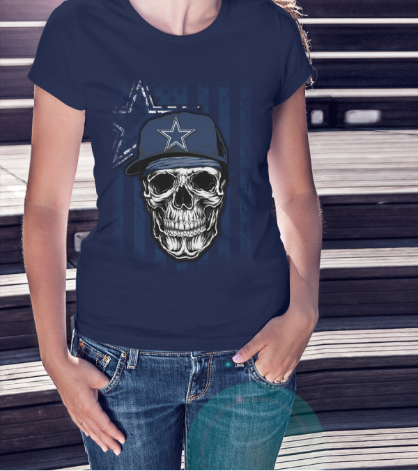 Skull Dallas Cowboys Star Cap With Stripes Background T-Shirt