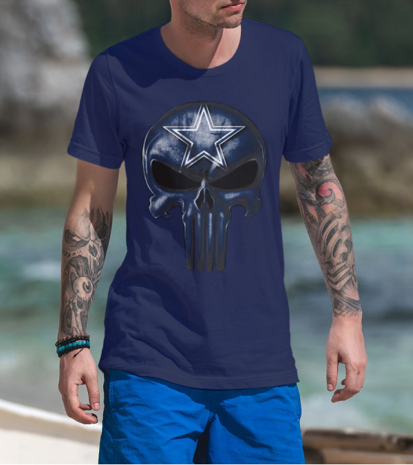 Skull Dallas Cowboys Star Logo Navy Background T-Shirt