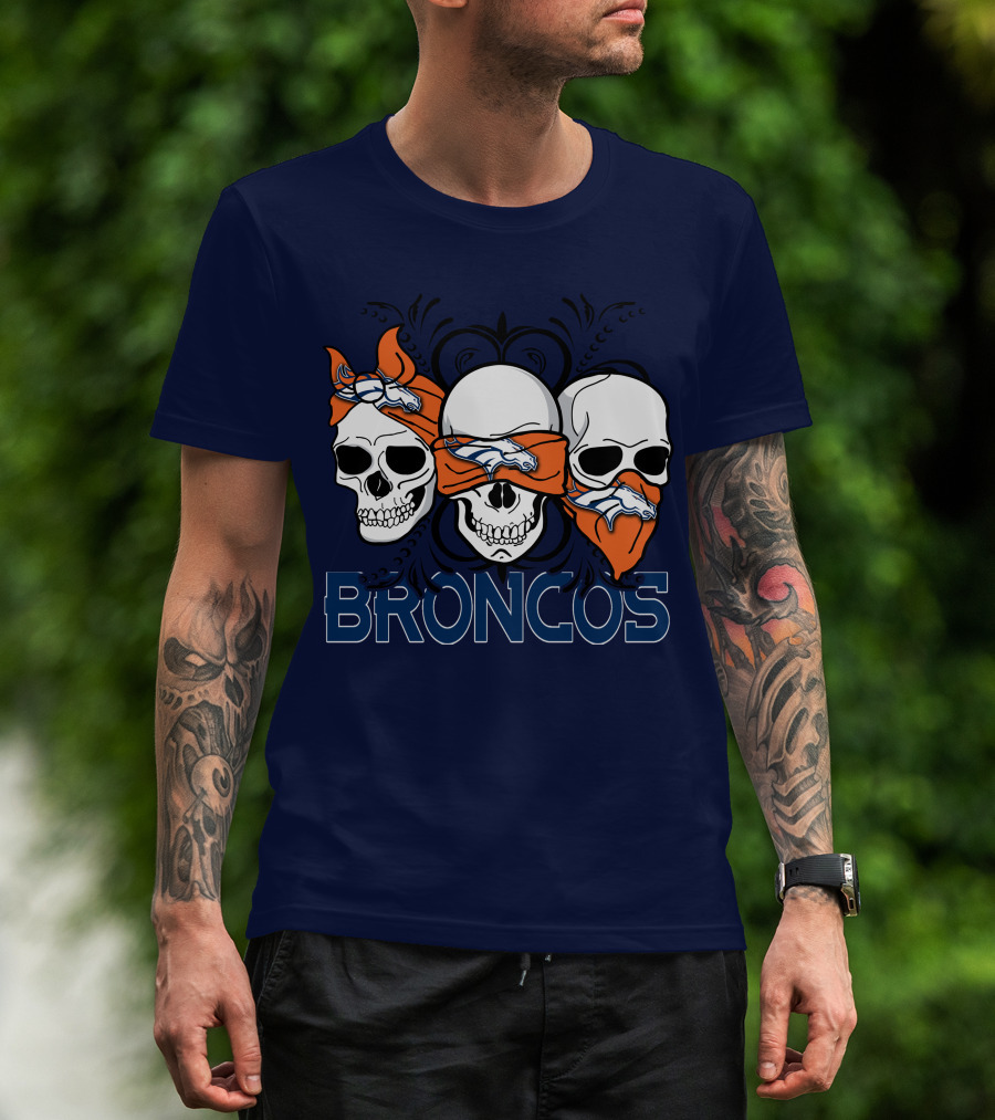 Broncos 3 Skull Bandana Denver Fans T-Shirt