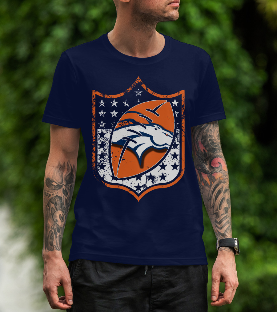 Denver Broncos Vintage Logo With Stars And Orange Shield T-Shirt