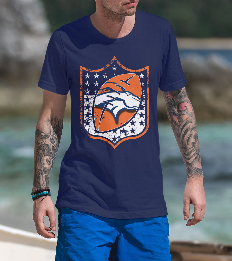Denver Broncos Vintage Logo With Stars And Orange Shield T-Shirt