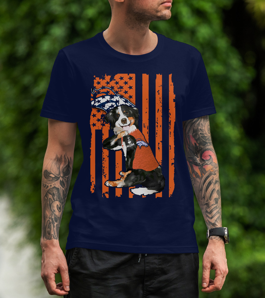 Border Collie I Love Mom Denver Broncos Fan Puppy With Flag T-Shirt