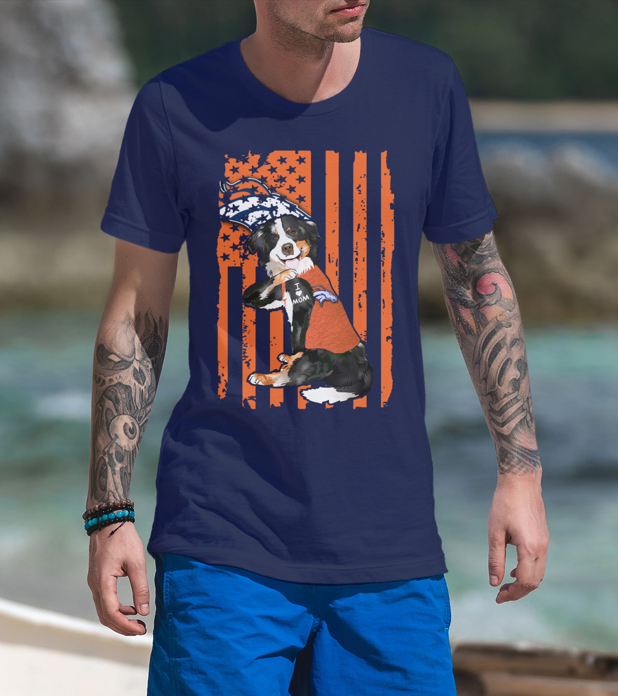 Border Collie I Love Mom Denver Broncos Fan Puppy With Flag T-Shirt