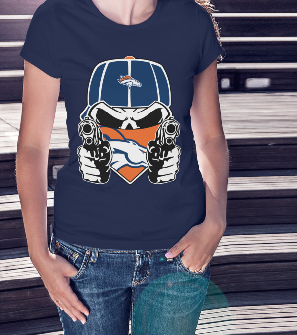 Denver Broncos Skull Bandana Dual Guns T-Shirt