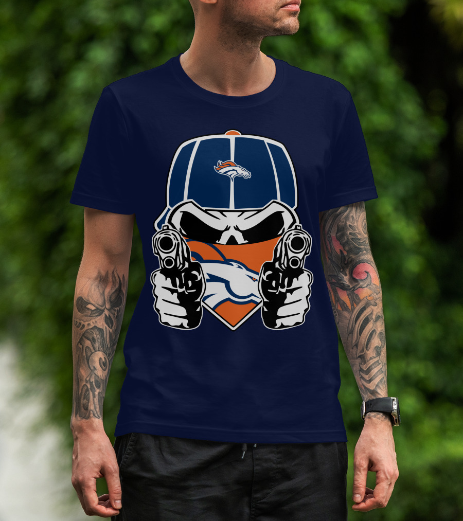 Denver Broncos Skull Bandana Dual Guns T-Shirt