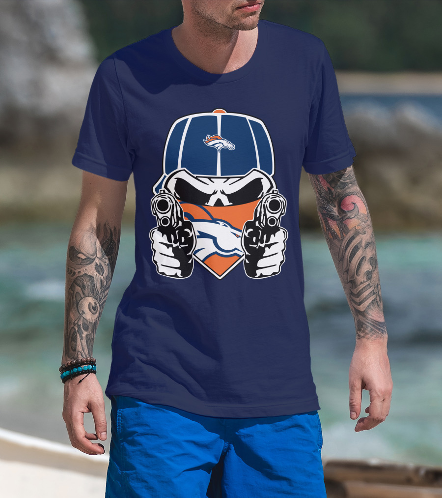 Denver Broncos Skull Bandana Dual Guns T-Shirt