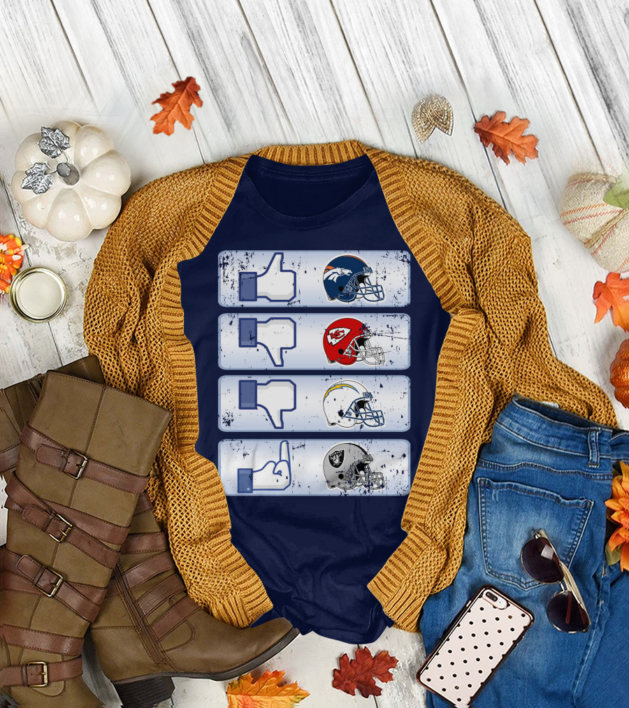 Denver Broncos Chiefs Chargers Raiders Football Helmets Social Media Like Dislike T-Shirt