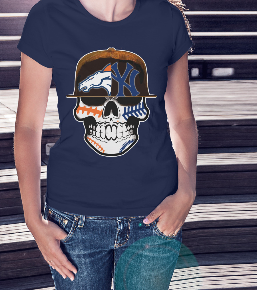 Denver Broncos New York Yankees Skull Sports Fusion T-Shirt