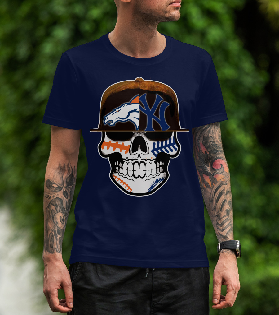 Denver Broncos New York Yankees Skull Sports Fusion T-Shirt
